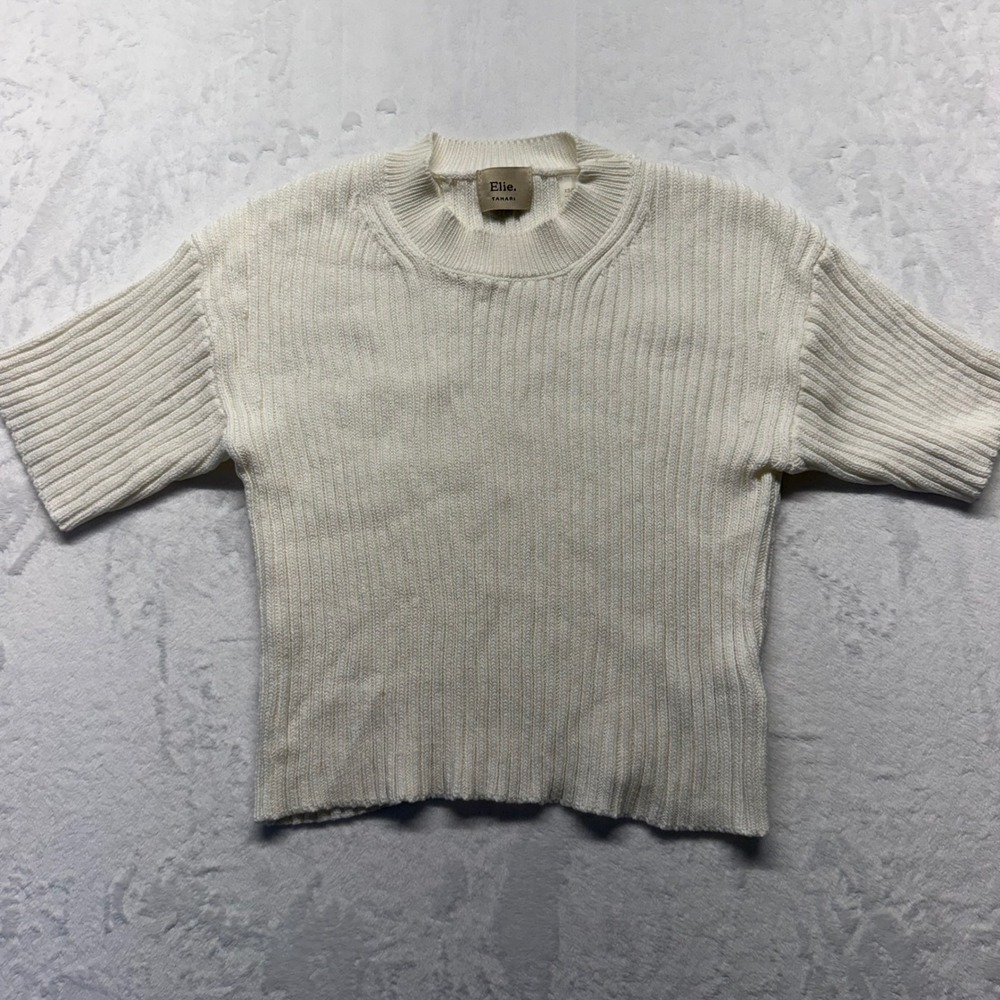 Elie Tahari Ribbed Sweater XS Ivory Cream Womens Short Sleeve Knit Top Fitted